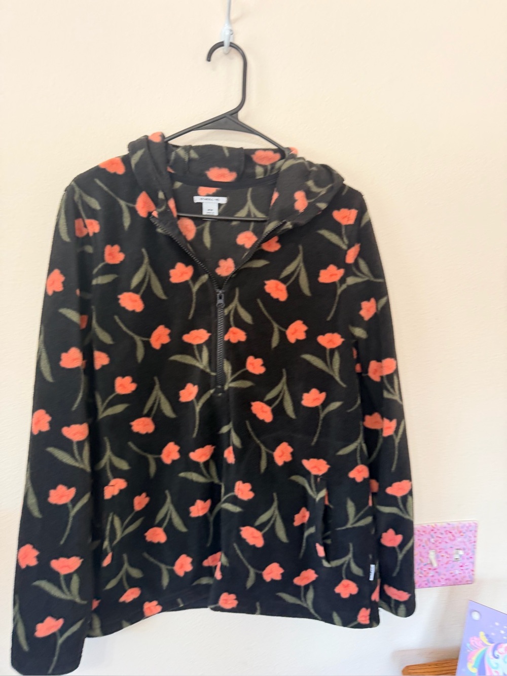 Fleece Zip-Up Hoodie Jacket with Coral Floral Print - Black